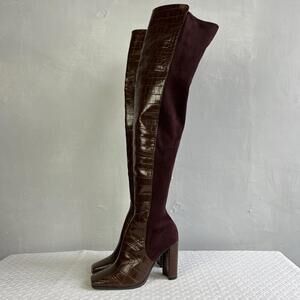 ALDO Flex Brown Croc OTK Boots Block Heel 7.5 Y2K Square Toe Over The Knee